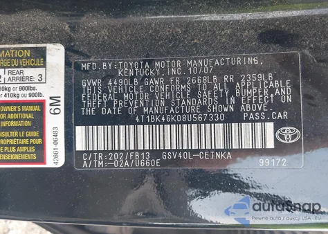 2008 Toyota Camry Le V6 из США, поврежденный, VIN 4T1BK46K08U567330